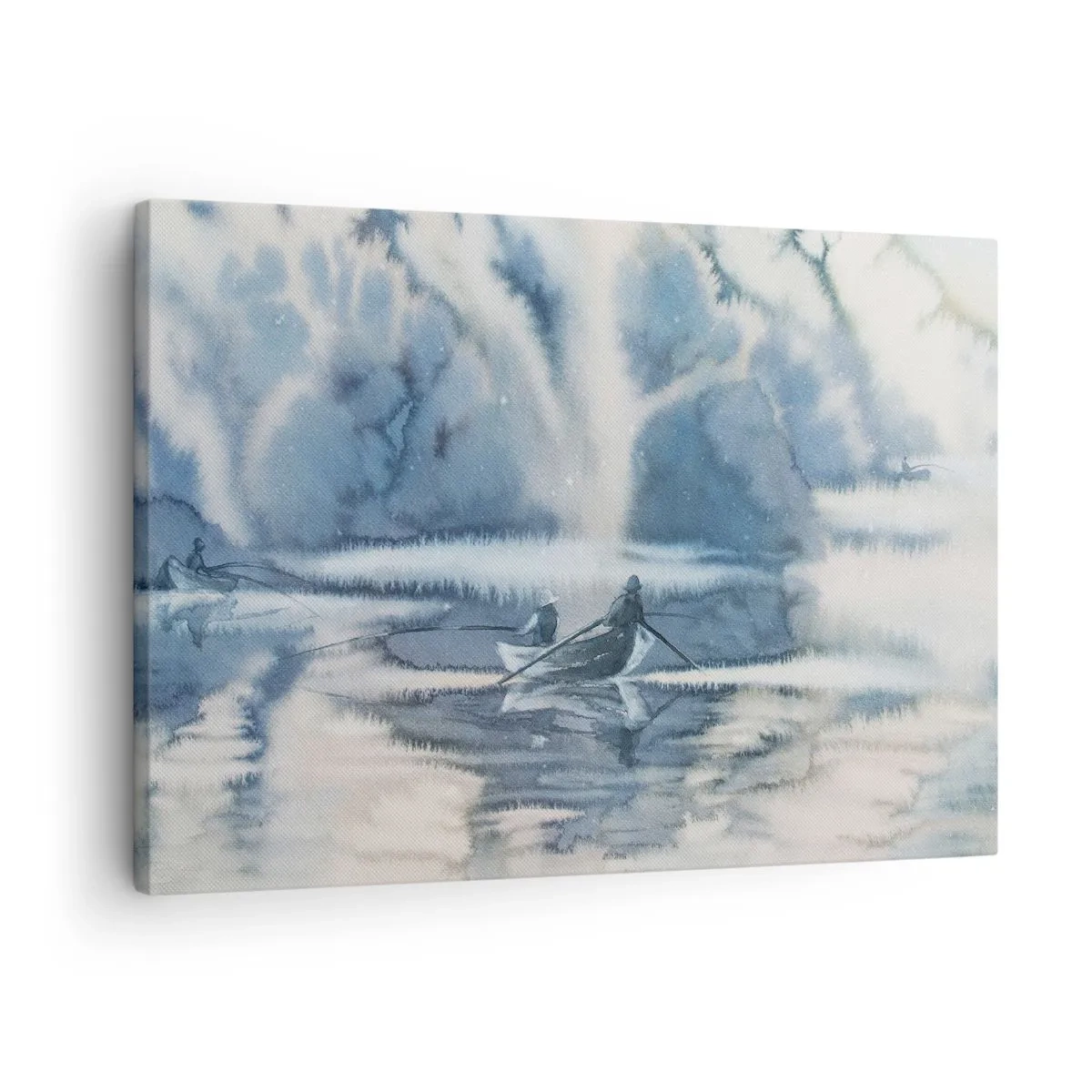 Obraz na plátně - Akvarelová krajina s loděmi na jezeře obklopeném mlhavým lesem - 70x50cm - Rybáři ve svém ráji - Moderní nástěnná dekorace do obývacího pokoje a ložnice ARTTOR
