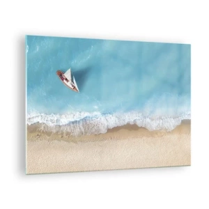 Obraz na skle - Plachetnice na azurovém moři u písečné pláže - 70x50cm - Na hranici modré a zlaté - Moderní nástěnná dekorace do obývacího pokoje a ložnice ARTTOR