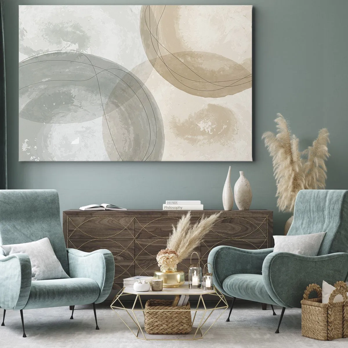 Obraz na plátně - Abstraktní kompozice v pastelových barvách s linkami - 70x50cm - Pronikání světů - Moderní nástěnná dekorace do obývacího pokoje a ložnice ARTTOR