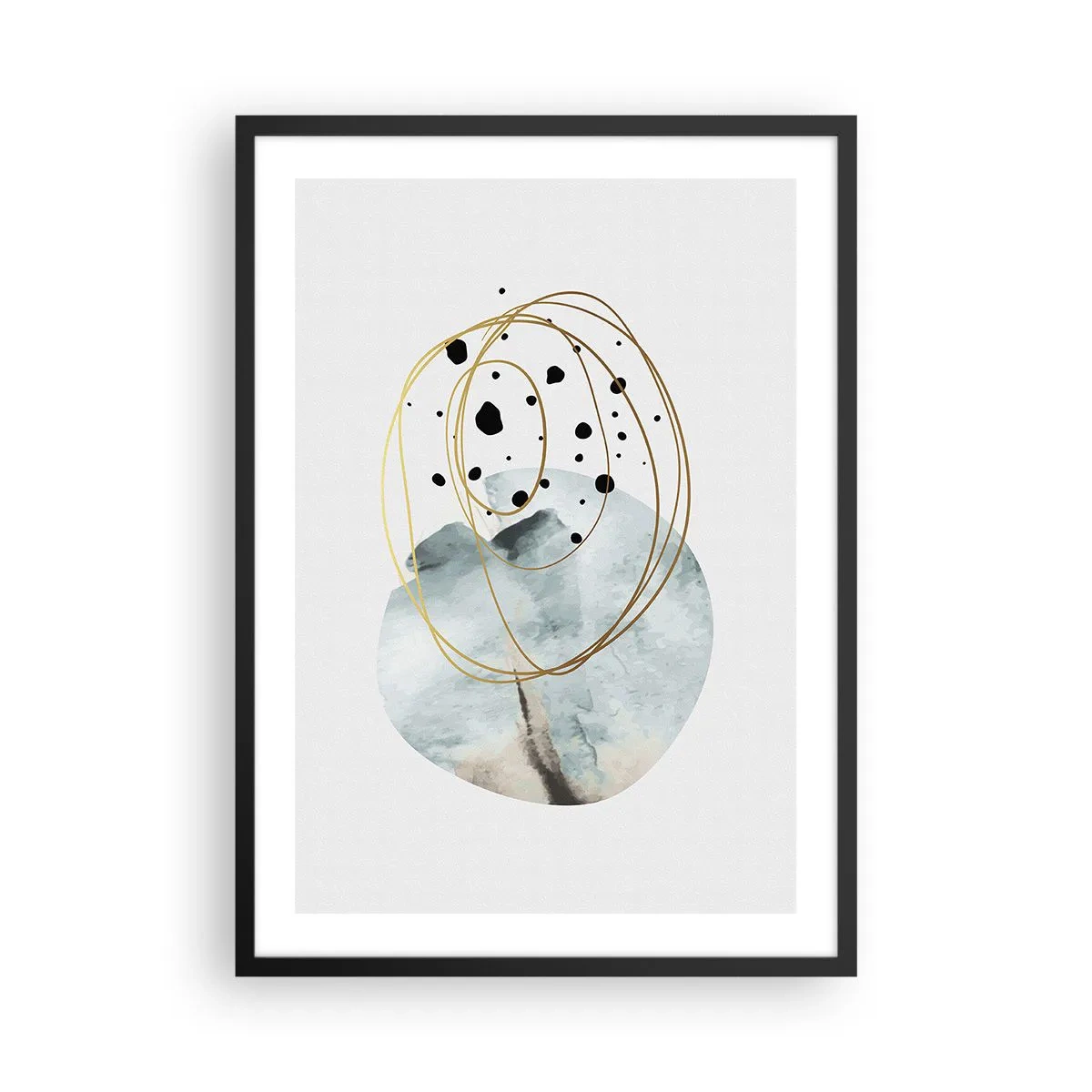 Plakát v černém rámu - Minimalistická abstrakce s akcenty zlaté a modré - 50x70cm - V objetí prostoru - Moderní nástěnná dekorace do obývacího pokoje a ložnice ARTTOR