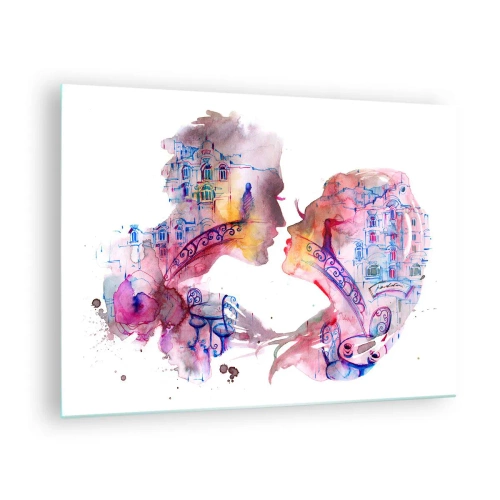 Obraz na skle - Ilustrace abstraktního portrétu dvou lidí ve tvaru srdce - 70x50cm - Tajemný most vzdychání - Moderní nástěnná dekorace do obývacího pokoje a ložnice ARTTOR