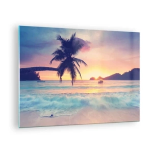 Obraz na skle - Pláž s palmami při západu slunce s lodí na obzoru - 70x50cm - Večer v zátoce - Moderní nástěnná dekorace do obývacího pokoje a ložnice ARTTOR