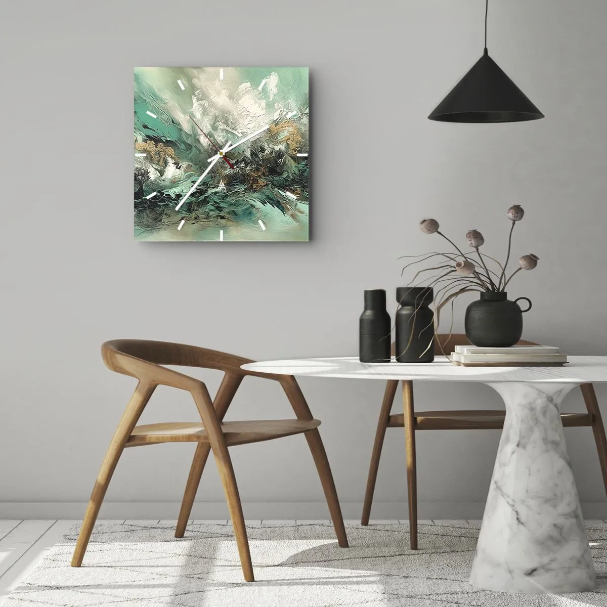 Nástěnné hodiny - Smaragdově černé vlnobití - 40x40 cm