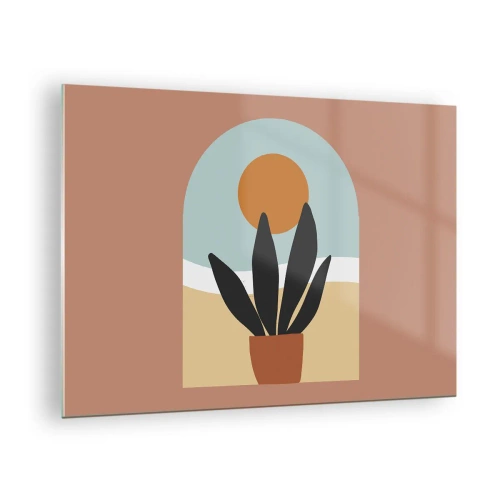 Obraz na skle - Abstraktní scéna s květináčem a sluncem v pozadí, v pastelových barvách. - 70x50cm - Malé radosti - Moderní nástěnná dekorace do obývacího pokoje a ložnice ARTTOR