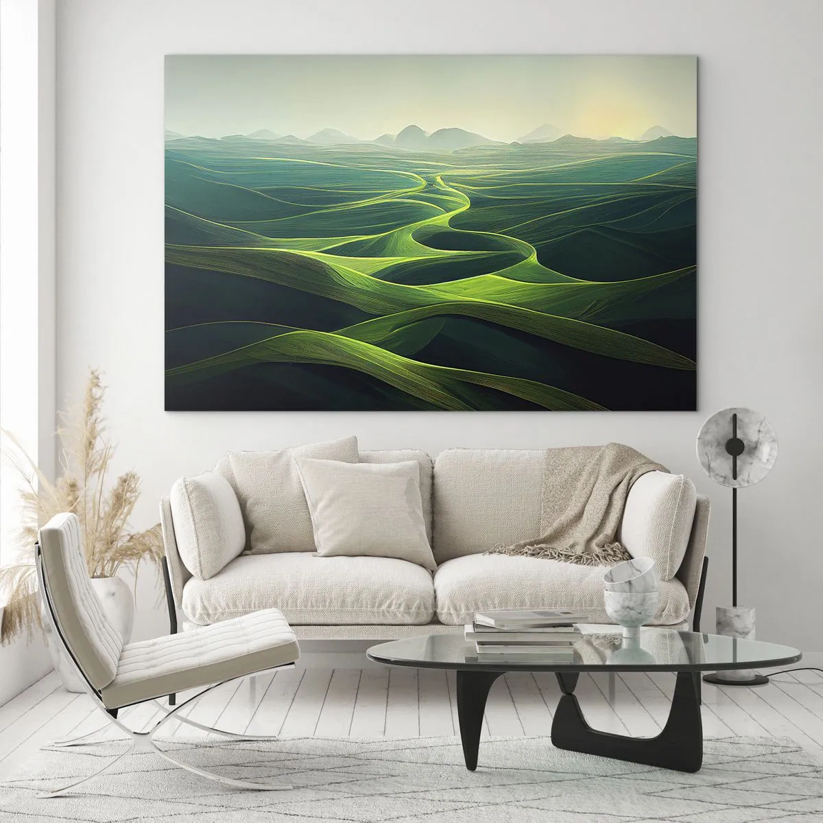 Obraz na skle - Zelené kopce a údolí osvětlené slunečními paprsky - 70x50cm - V zelených údolích - Moderní nástěnná dekorace do obývacího pokoje a ložnice ARTTOR