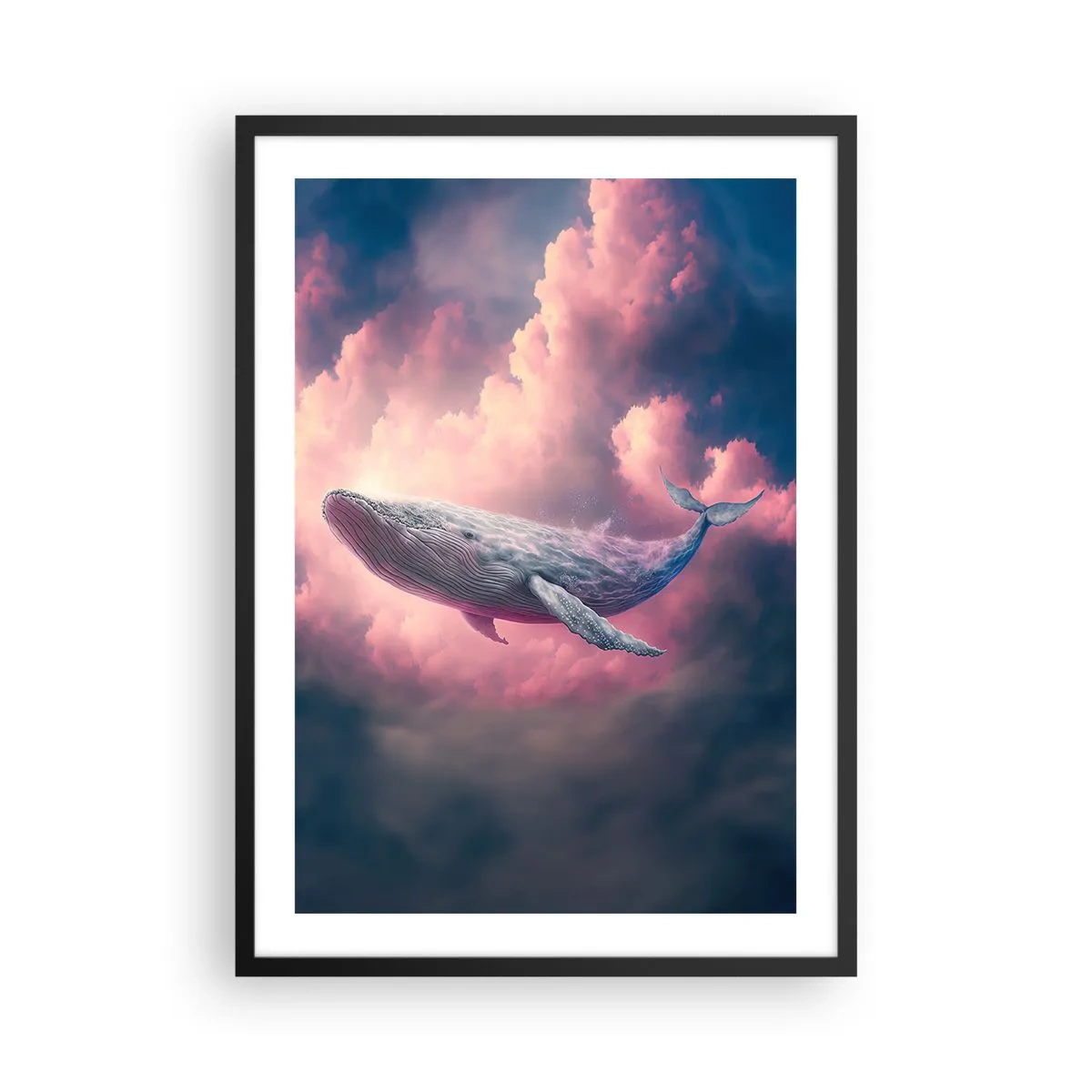 Plakát v černém rámu - Velryba letí mezi růžovými mraky při západu slunce. - 50x70cm - Otři si oči - Moderní nástěnná dekorace do obývacího pokoje a ložnice ARTTOR