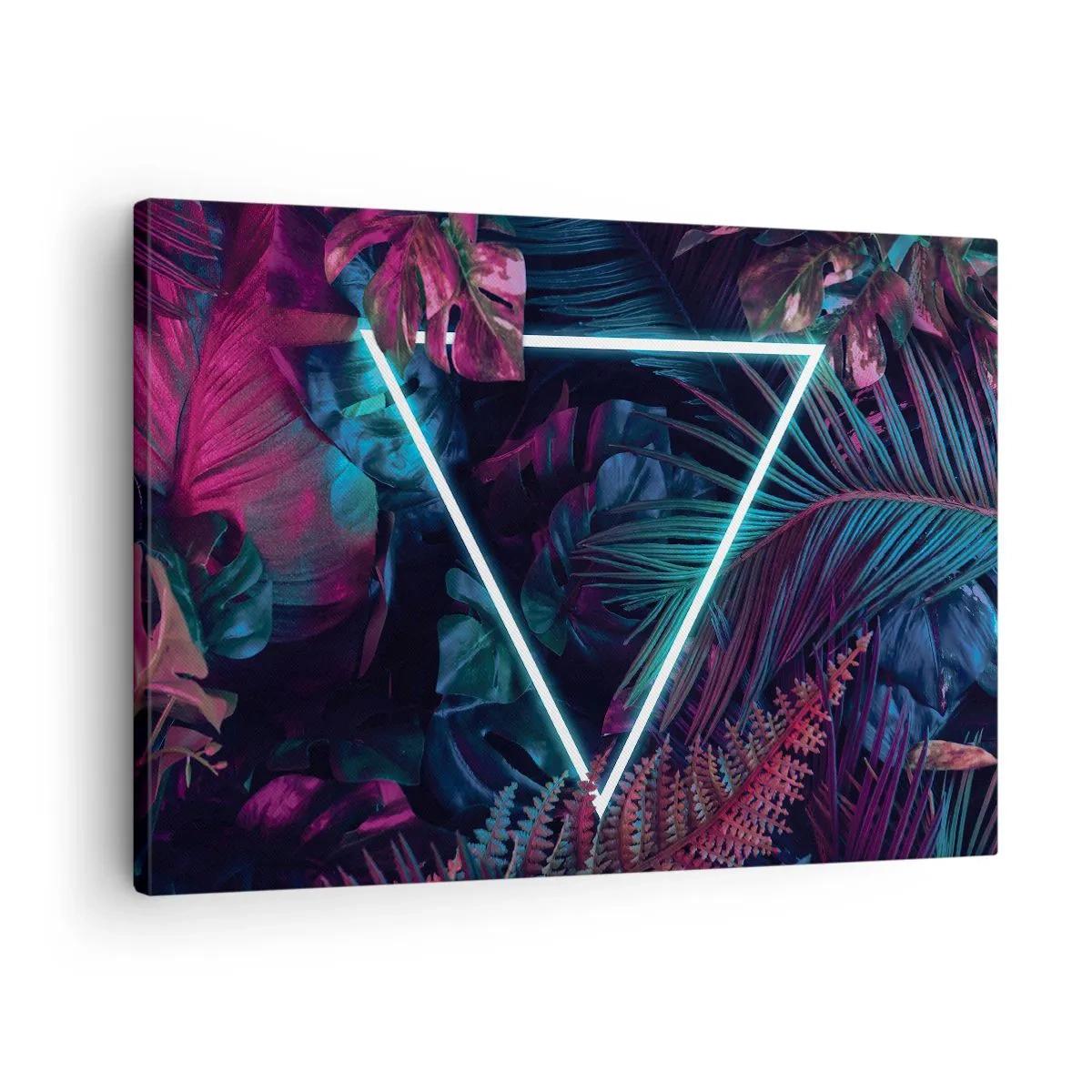 Obraz na plátně - Neonový trojúhelník obklopený tropickými listy v tmavých barvách. - 70x50cm - Zahrada v disco stylu - Moderní nástěnná dekorace do obývacího pokoje a ložnice ARTTOR