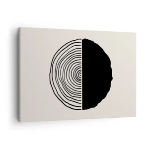 Obraz na plátně - Abstraktní černobílý motiv inspirovaný průřezem dřeva s geometrickým členěním. - 70x50cm - Půl na půl - Moderní nástěnná dekorace do obývacího pokoje a ložnice ARTTOR