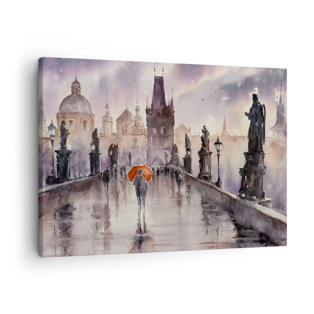 Obraz na plátně - Romantický výhled na most s deštníkem na pozadí večerního města - 70x50cm - Lidé se nemění - Moderní nástěnná dekorace do obývacího pokoje a ložnice ARTTOR