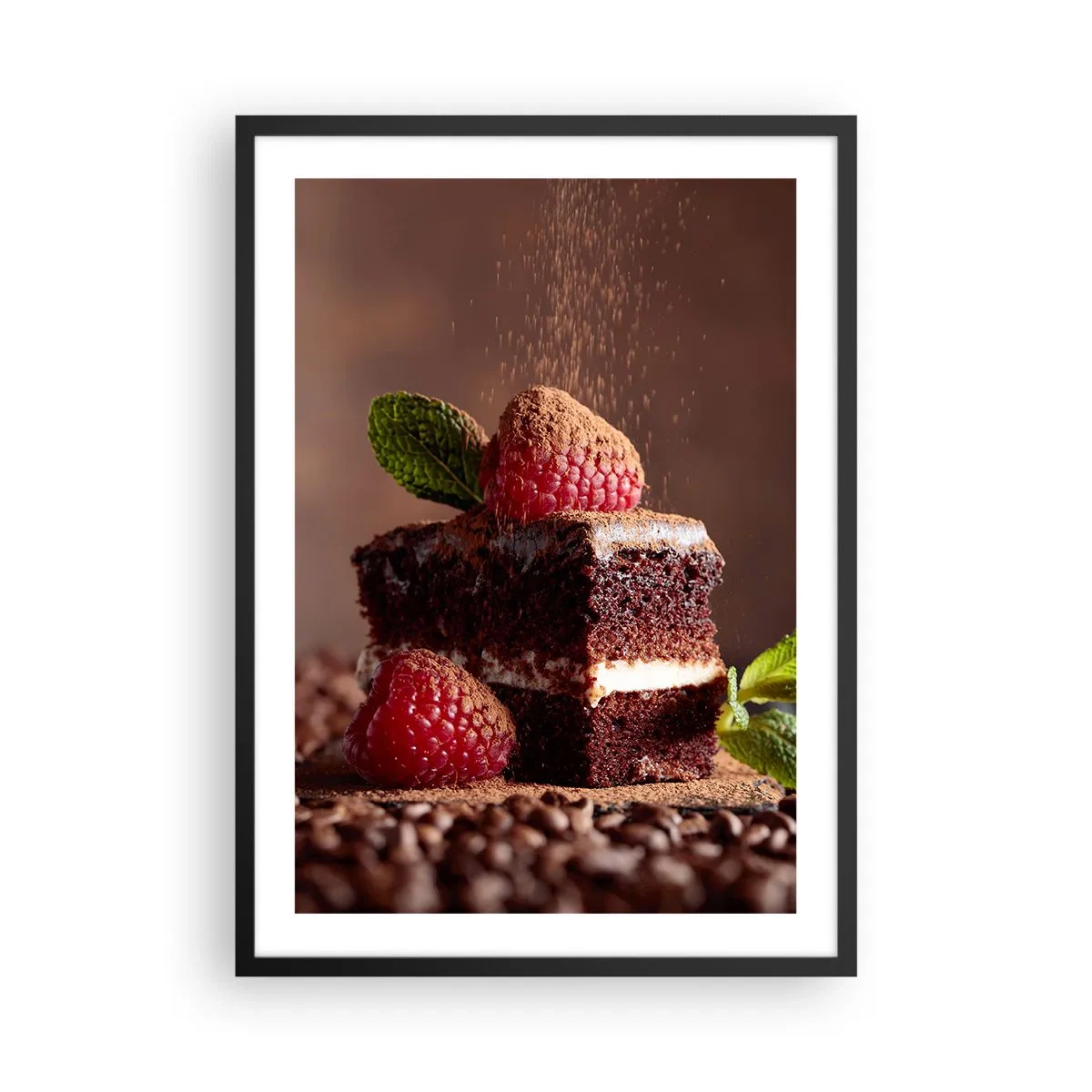 Plakát v černém rámu - Čokoládový dort s malinami a kakaovými posypkami - 50x70cm - Život je sladký - Moderní nástěnná dekorace do obývacího pokoje a ložnice ARTTOR