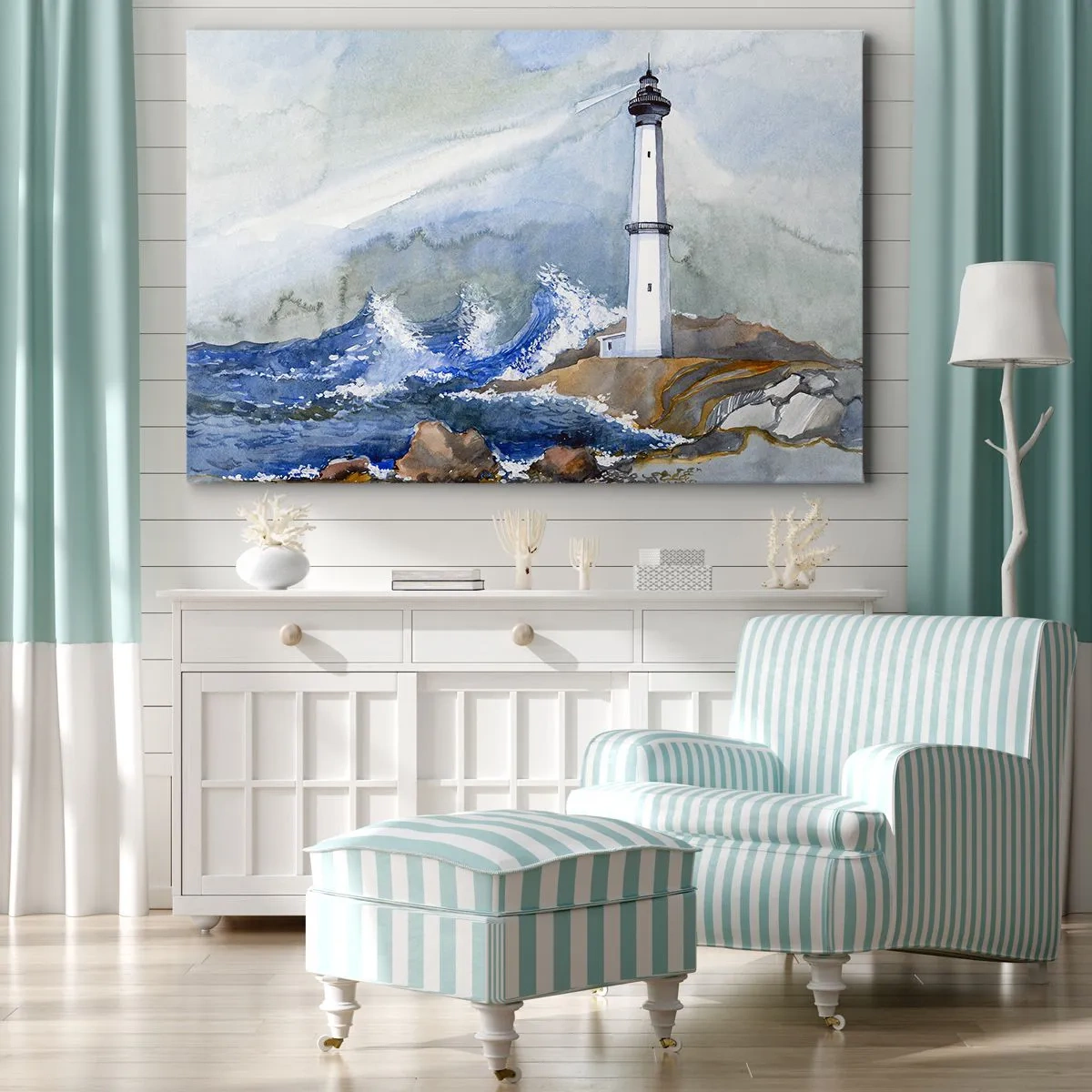 Obraz na plátně - Maják na skalnatém pobřeží s rozbouřeným mořem - 70x50cm - Proti tmě a hromobití - Moderní nástěnná dekorace do obývacího pokoje a ložnice ARTTOR