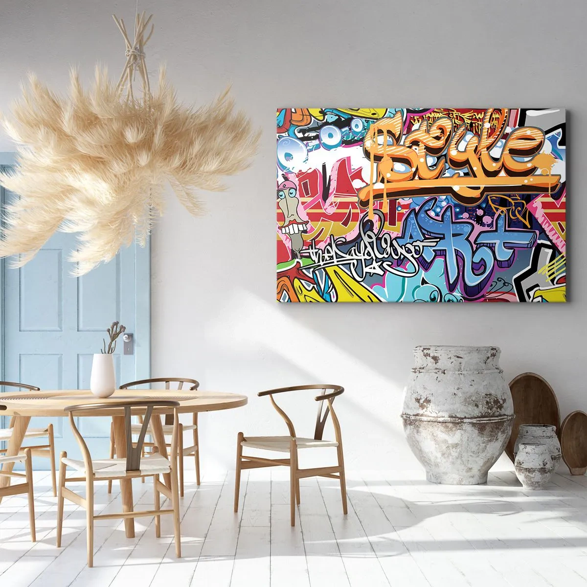 Obraz na plátně - Barevné graffiti s dynamickými nápisy a ilustracemi - 70x50cm - Nástěnné malby, nástěnné malby, nástěnné malby… - Moderní nástěnná dekorace do obývacího pokoje a ložnice ARTTOR