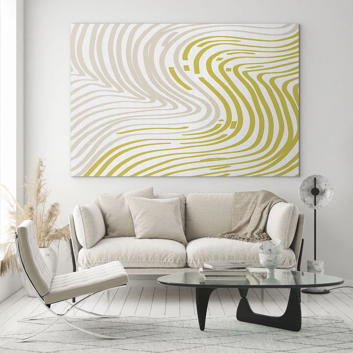 Obraz na skle - Organické linie v odstínech béžové a limetkové na bílém pozadí - 70x50cm - Kompozice s mírným ohybem - Moderní nástěnná dekorace do obývacího pokoje a ložnice ARTTOR