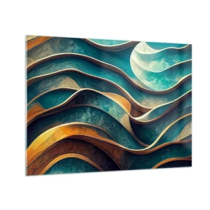 Obraz na skle - Dynamické linie v modré a měděné barvě vytvářející vlny - 70x50cm - Meandry modré - Moderní nástěnná dekorace do obývacího pokoje a ložnice ARTTOR