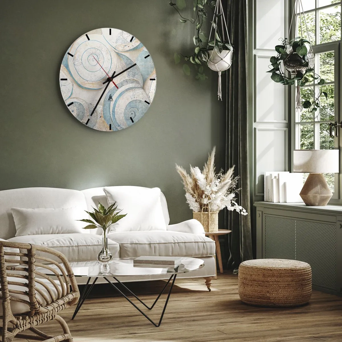 Nástěnné hodiny - Umělecké spirály ve stylu mušlí v odstínech modré a béžové - 30x30cm - Co skrývá mušle? - Moderní nástěnná dekorace do obývacího pokoje, kuchyně a ložnice ARTTOR