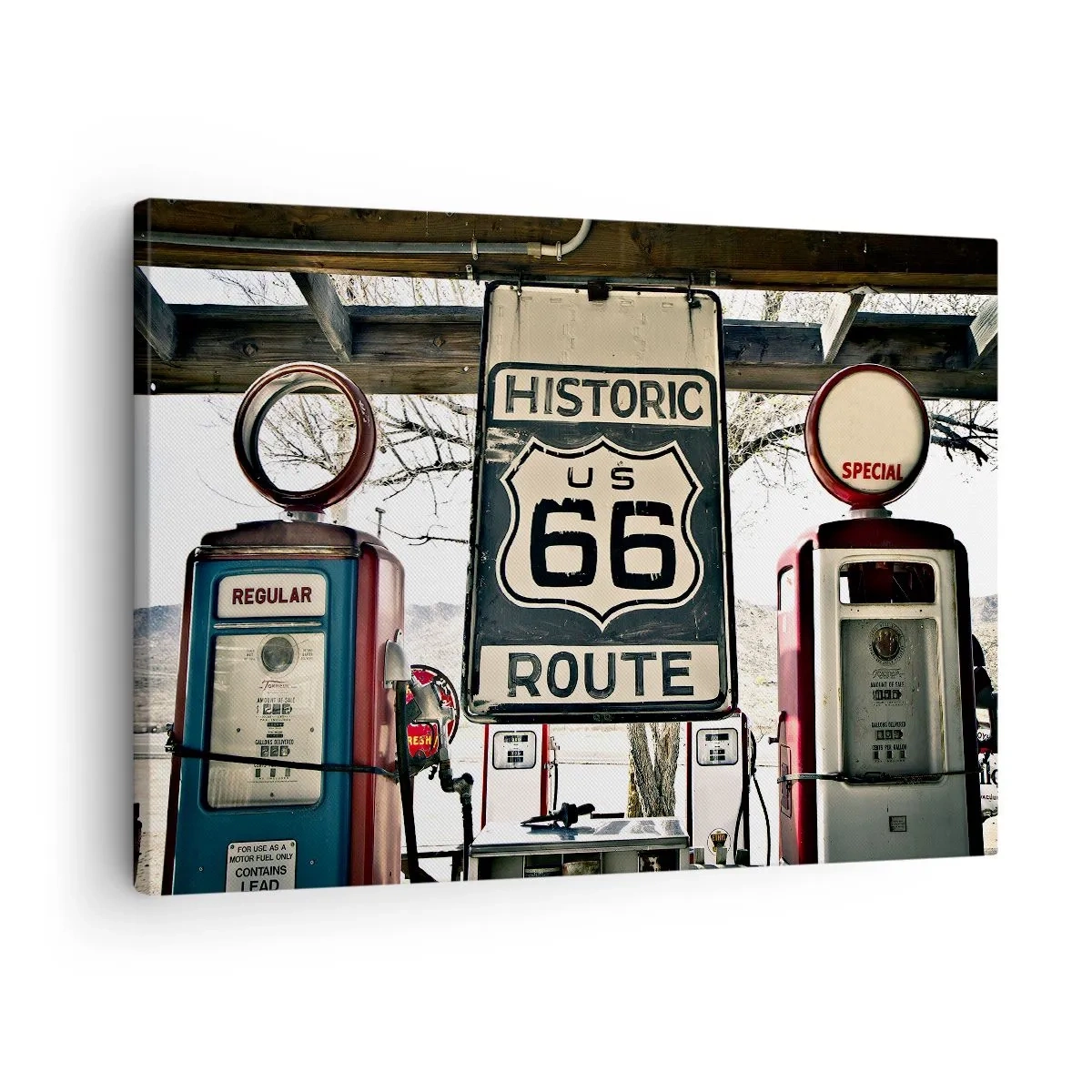 Obraz na plátně - Historická čerpací stanice Route 66 - 70x50cm - Americká retro cesta - Moderní nástěnná dekorace do obývacího pokoje a ložnice ARTTOR