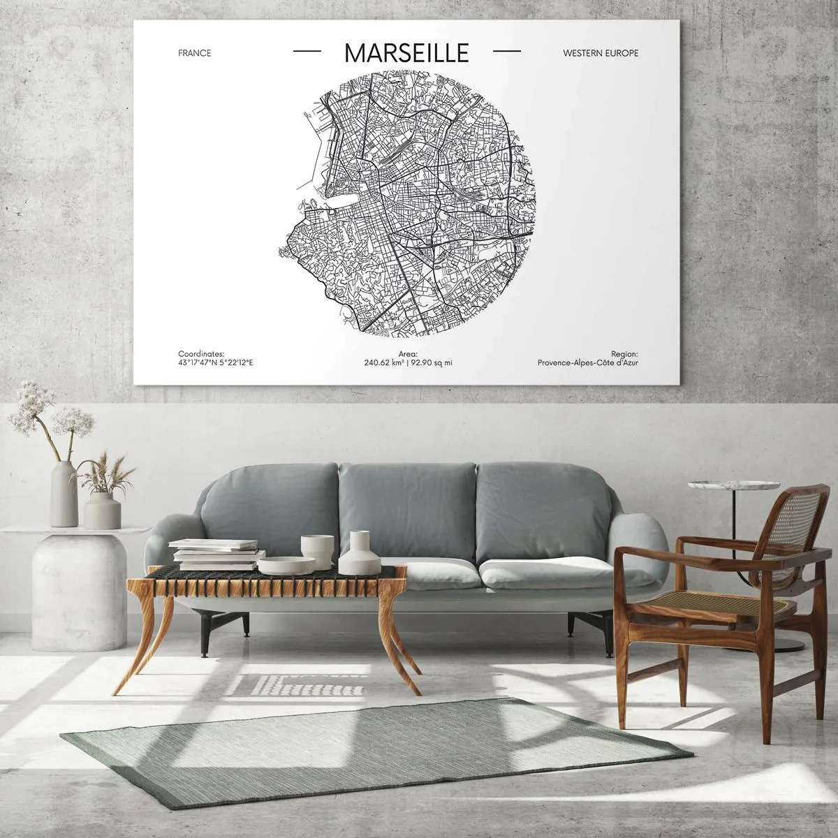 Obraz na skle - Černobílá mapa města Marseille v moderním stylu - 70x50cm - Anatomie Marseille - Moderní nástěnná dekorace do obývacího pokoje a ložnice ARTTOR