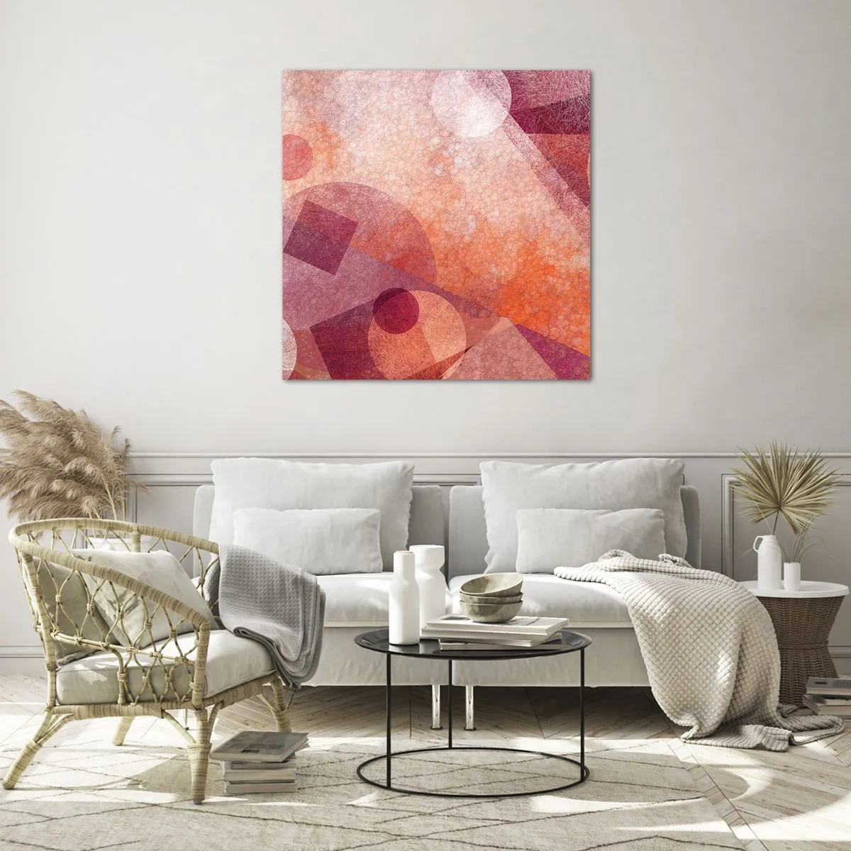 Obraz na skle - Geometrické proměny v růžové - 70x70 cm