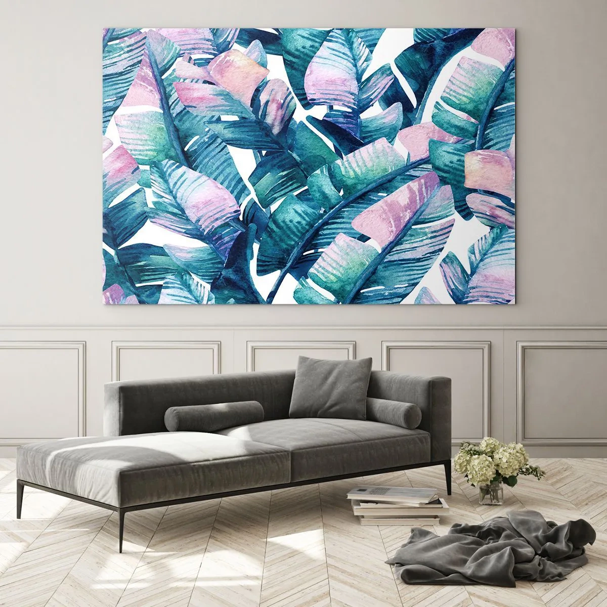 Obraz na skle - Banánové listy v pastelových odstínech na bílém pozadí - 70x50cm - V banánovém háji - Moderní nástěnná dekorace do obývacího pokoje a ložnice ARTTOR
