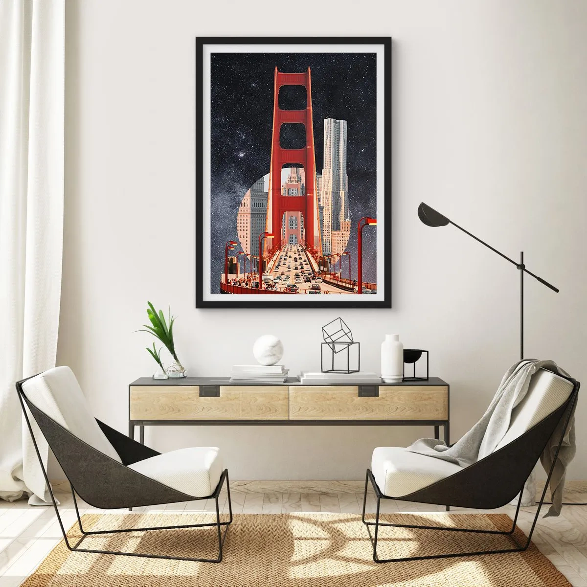 Plakát v černém rámu - Most a mrakodrapy proti hvězdné obloze - 50x70cm - Vždy uprostřed - Moderní nástěnná dekorace do obývacího pokoje a ložnice ARTTOR