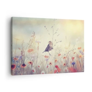 Obraz na plátně - Pták na pozadí barevné louky v pastelových barvách - 70x50cm - Portrét ptáka s loukou v pozadí - Moderní nástěnná dekorace do obývacího pokoje a ložnice ARTTOR