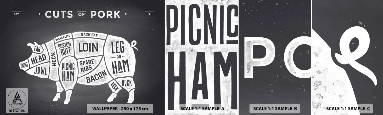 Vzor Fototapety Samolepicí Deluxe Sticker - Slabikář řezníka - Gastronomie, Zvířecí prase, Vepřové - 100x30 cm