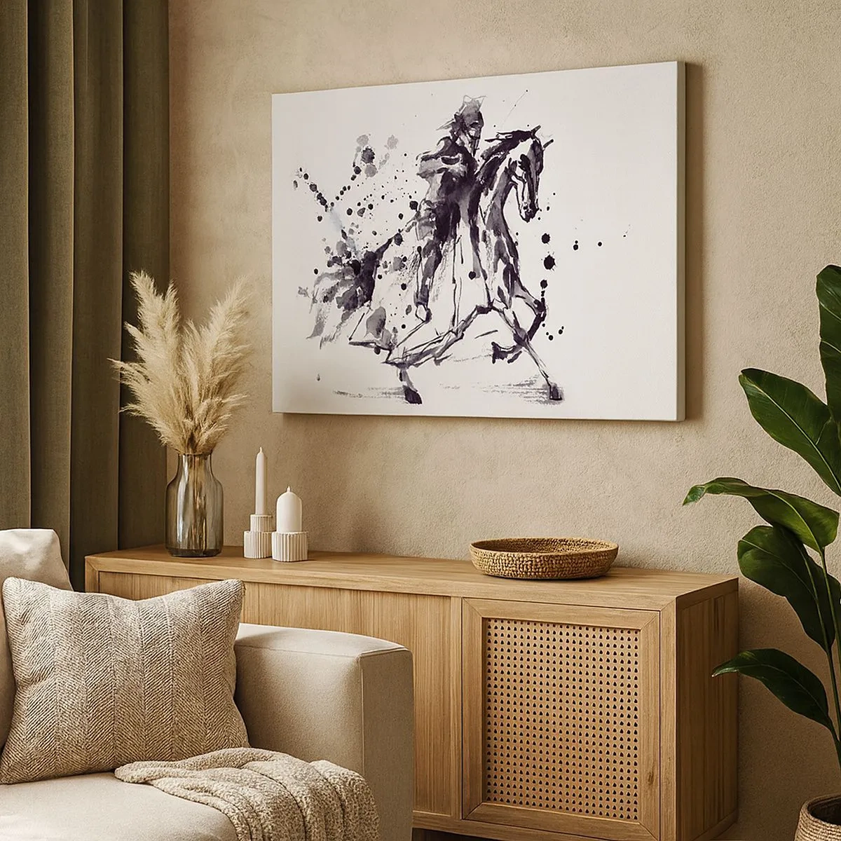 Obraz na plátně - Černobílý akvarel jezdce na cválajícím koni - 70x50cm - Černý rytíř - Moderní nástěnná dekorace do obývacího pokoje a ložnice ARTTOR