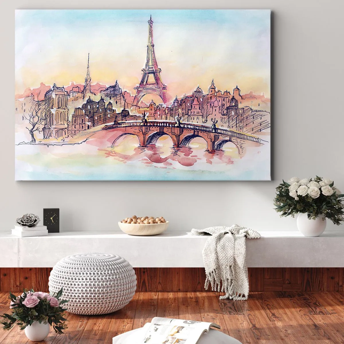 Obraz na plátně - Akvarelové panorama Paříže s Eiffelovou věží při západu slunce - 70x50cm - Jediné takové město na světě - Moderní nástěnná dekorace do obývacího pokoje a ložnice ARTTOR