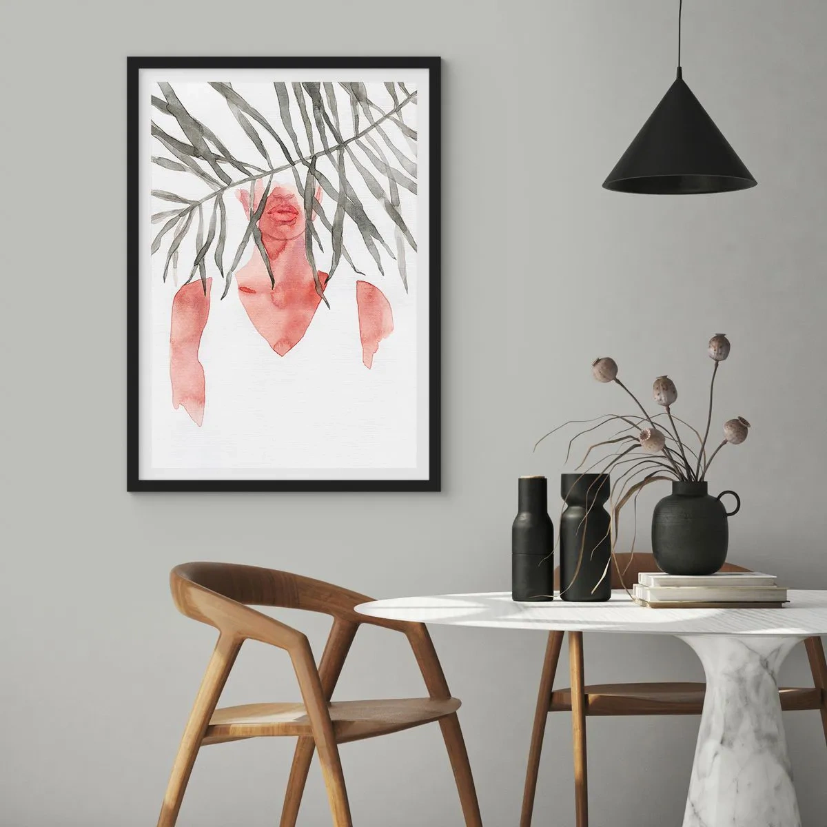 Plakát v černém rámu - Akvarelová silueta ženy skrytá za listy - 50x70cm - Dáma tropů - Moderní nástěnná dekorace do obývacího pokoje a ložnice ARTTOR