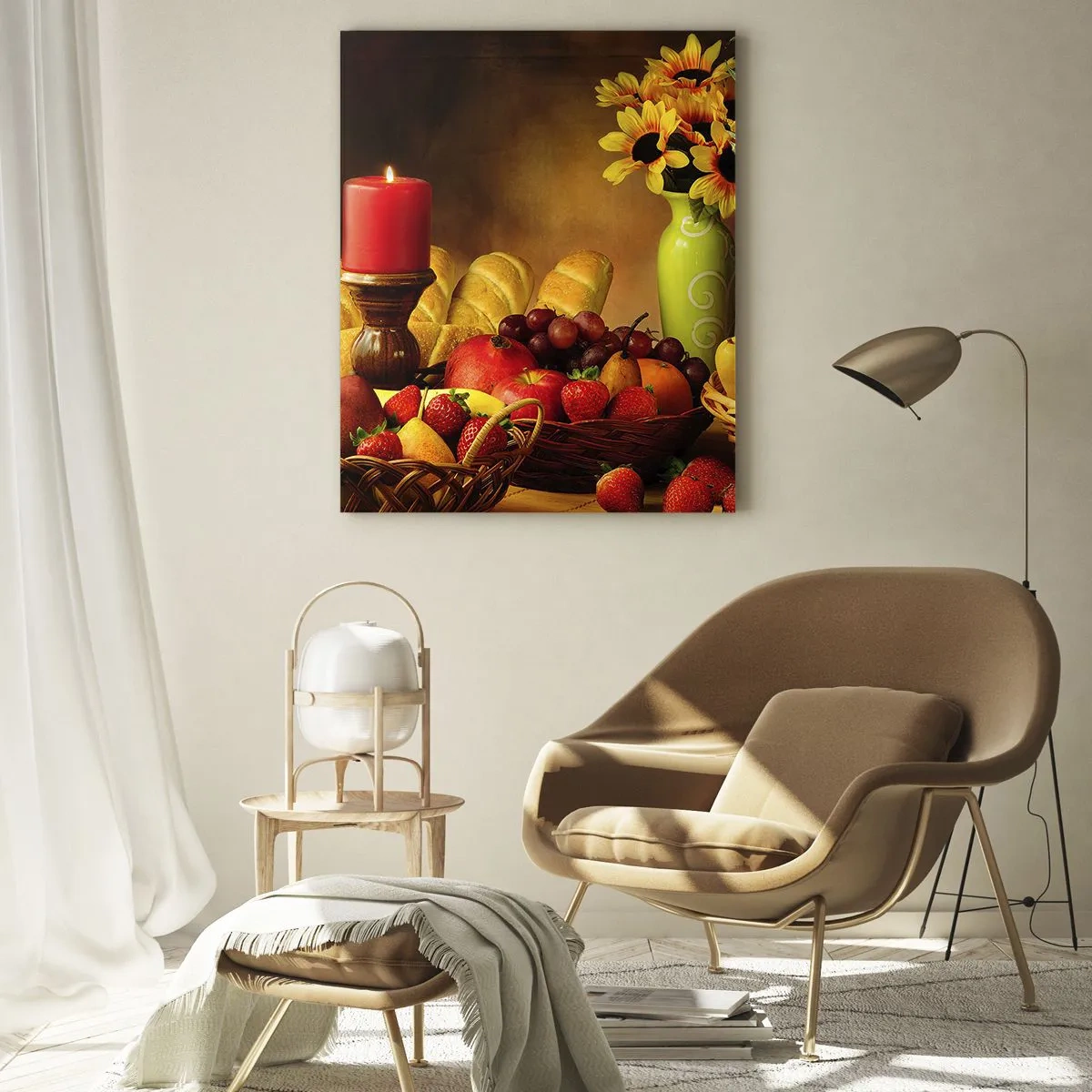 Obraz na skle - Zátiší s pečivem a ovocem - 50x70 cm
