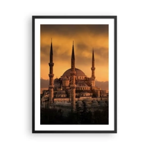 Plakát v černém rámu - Mešita při západu slunce s teplými barvami - 50x70cm - Bůh je velký - Moderní nástěnná dekorace do obývacího pokoje a ložnice ARTTOR