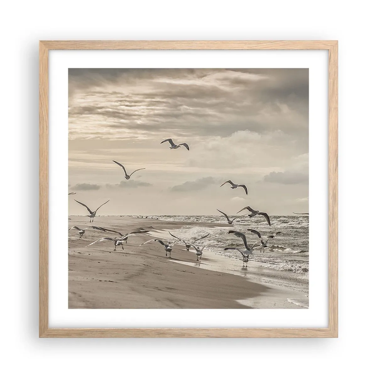 Plakát v rámu světlý dub - Šumění moře, zpěv ptáků - 50x50 cm