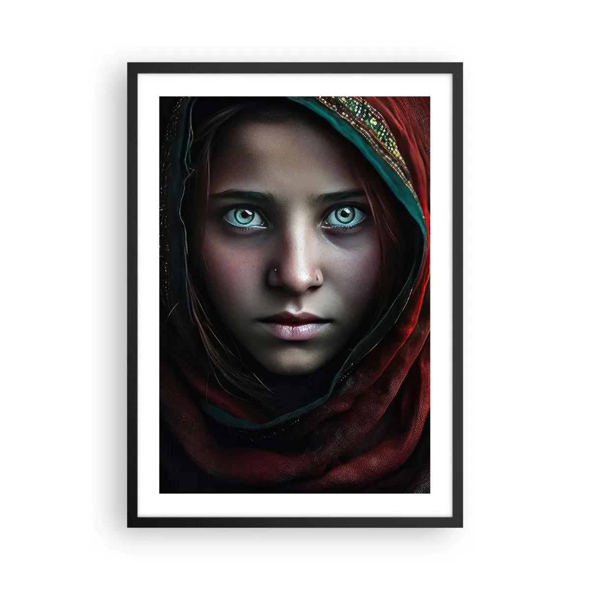 Plakát v černém rámu - Portrét dívky v červeném šálu s hypnotizujícíma očima - 50x70cm - Východní princezna - Moderní nástěnná dekorace do obývacího pokoje a ložnice ARTTOR