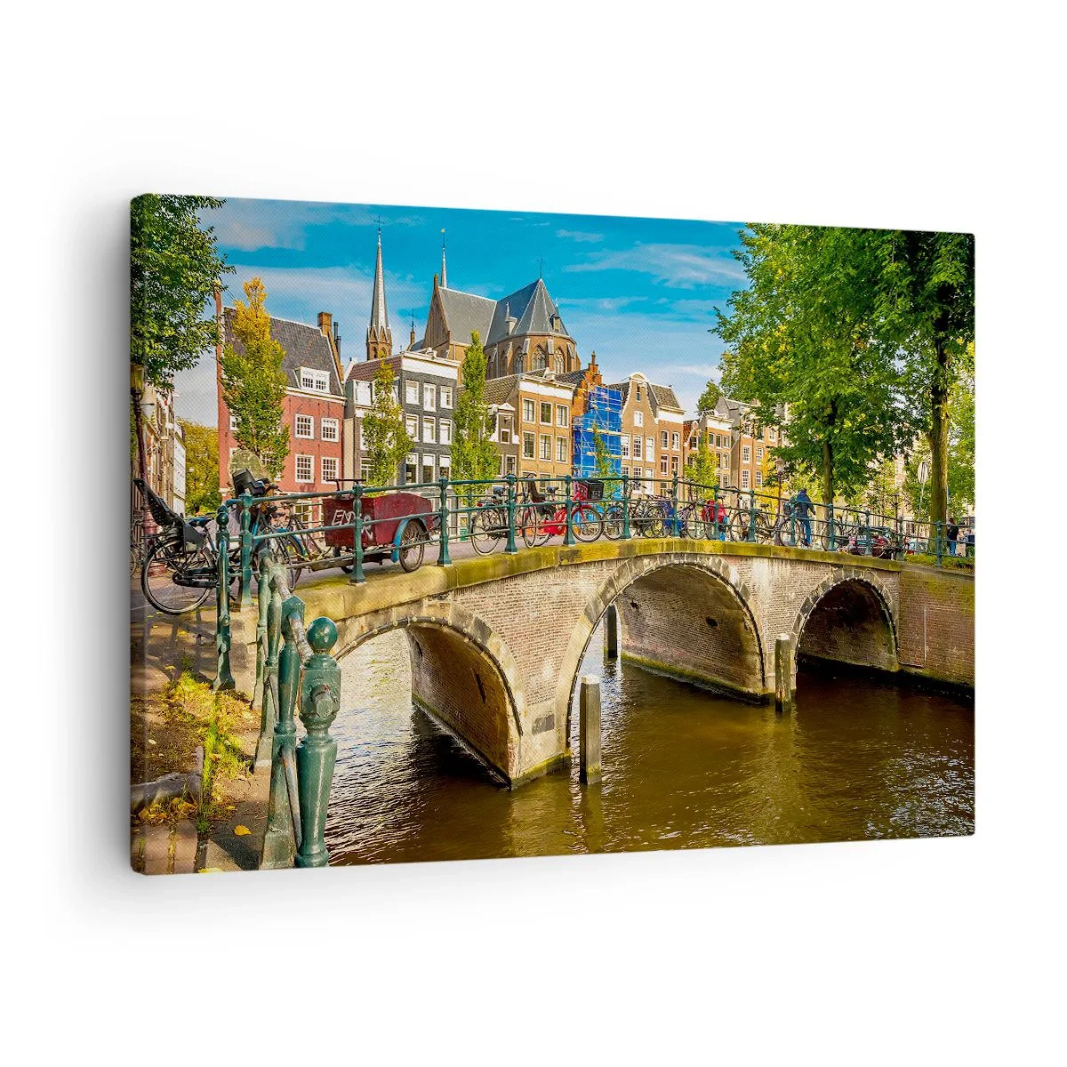 Obraz na plátně - Malebný kanál s mostem v Amsterdamu - 70x50cm - Jaro u kanálu - Moderní nástěnná dekorace do obývacího pokoje a ložnice ARTTOR