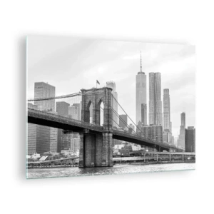 Obraz na skle - Černobílá fotografie mostu a městské krajiny - 70x50cm - Newyorské zázraky - Moderní nástěnná dekorace do obývacího pokoje a ložnice ARTTOR