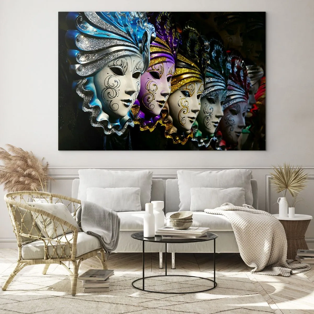 Obraz na skle - Barevné benátské masky v řadě - 70x50cm - Tajemství ve zlaté a ve stříbrné - Moderní nástěnná dekorace do obývacího pokoje a ložnice ARTTOR