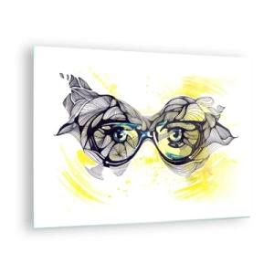 Obraz na skle - Brýle s uměleckými vzory a očima na žlutém pozadí - 70x50cm - Přes modré brýle - Moderní nástěnná dekorace do obývacího pokoje a ložnice ARTTOR