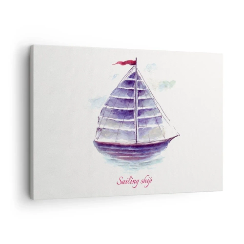 Obraz na plátně - Akvarelová malba plachetnice na vodě s jemným nápisem - 70x50cm - Napnuté plachty a klidná voda - Moderní nástěnná dekorace do obývacího pokoje a ložnice ARTTOR