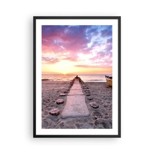 Plakát v černém rámu - Plážová cesta při západu slunce - 50x70cm - Okamžik hlubokého prožitku - Moderní nástěnná dekorace do obývacího pokoje a ložnice ARTTOR