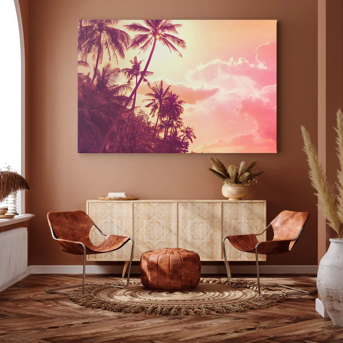 Obraz na plátně - Palmy osvětlené zapadajícím sluncem na tropické obloze - 70x50cm - Musíš si vybrat - Moderní nástěnná dekorace do obývacího pokoje a ložnice ARTTOR