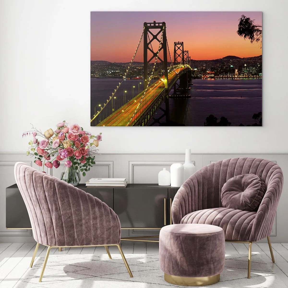Obraz na skle - Most v noci ve městě a světlo západu slunce - 70x50cm - Večer ve fialové - Moderní nástěnná dekorace do obývacího pokoje a ložnice ARTTOR