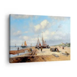 Obraz na plátně - Rybářské lodě na pláži s lidskými postavami - 70x50cm - Po úspěšném rybolovu - Moderní nástěnná dekorace do obývacího pokoje a ložnice ARTTOR