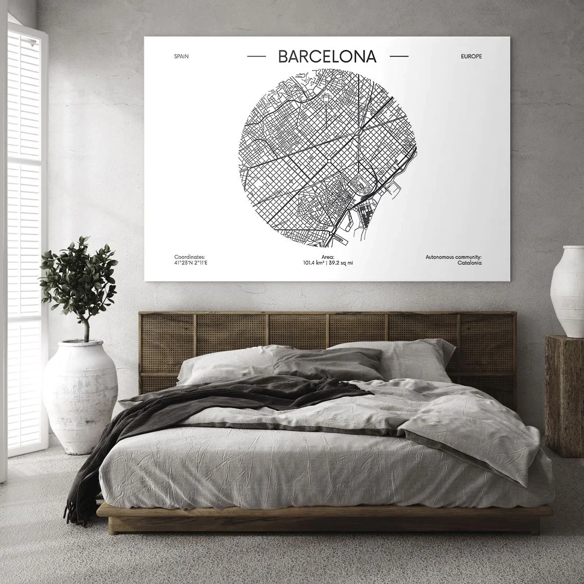 Obraz na skle - Minimalistická mapa Barcelony v černobílém provedení - 70x50cm - Anatomie Barcelony - Moderní nástěnná dekorace do obývacího pokoje a ložnice ARTTOR