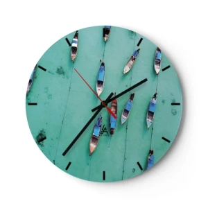 Nástěnné hodiny - Letecký pohled na lodě plující na tyrkysové vodě - 30x30cm - V radostném očekávání - Moderní nástěnná dekorace do obývacího pokoje, kuchyně a ložnice ARTTOR