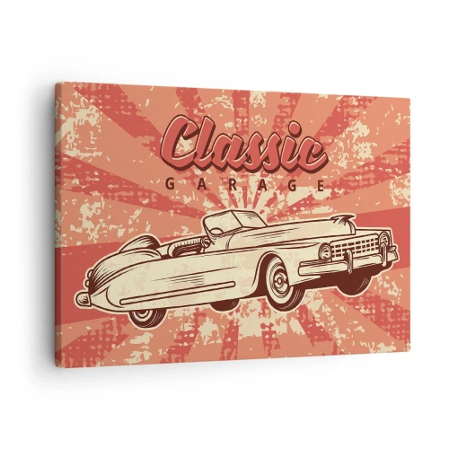 Obraz na plátně - Retro plakát s klasickým autem a nápisem Classic Garage - 70x50cm - V rádiu je Elvis - Moderní nástěnná dekorace do obývacího pokoje a ložnice ARTTOR