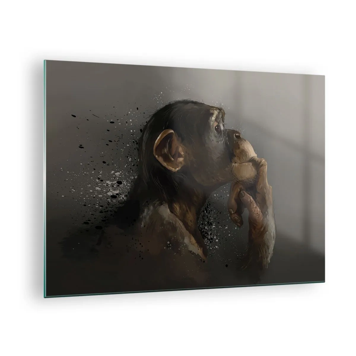 Obraz na skle - Opice vypadá zamyšleně na tmavém pozadí s efektem cákance - 70x50cm - Určitě myslitel - Moderní nástěnná dekorace do obývacího pokoje a ložnice ARTTOR