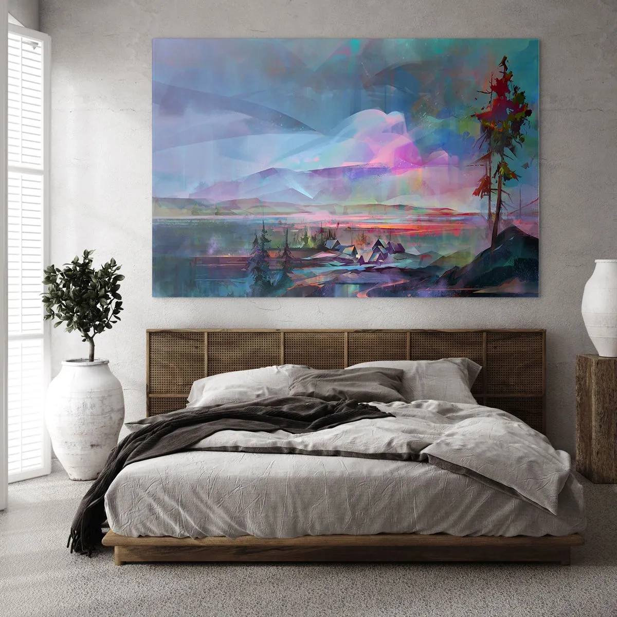 Obraz na skle - Barevná krajina s horami a chatkami v surrealistickém stylu. - 70x50cm - Pod přátelským nebem - Moderní nástěnná dekorace do obývacího pokoje a ložnice ARTTOR