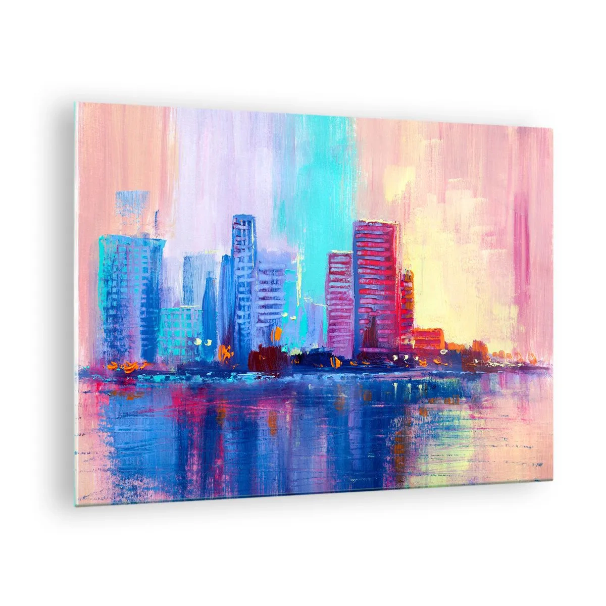 Obraz na skle - Moderní město v intenzivních barvách odrážejících se ve vodě - 70x50cm - Vykoupané v barvách - Moderní nástěnná dekorace do obývacího pokoje a ložnice ARTTOR