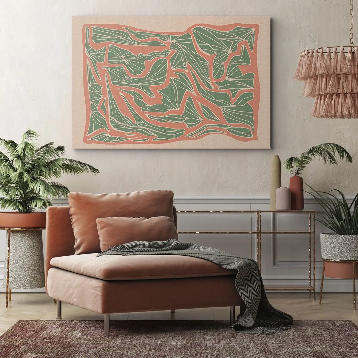 Obraz na plátně - Rostlinný vzor v odstínech zelené a oranžové - 70x50cm - Souboj korálů a zeleně - Moderní nástěnná dekorace do obývacího pokoje a ložnice ARTTOR
