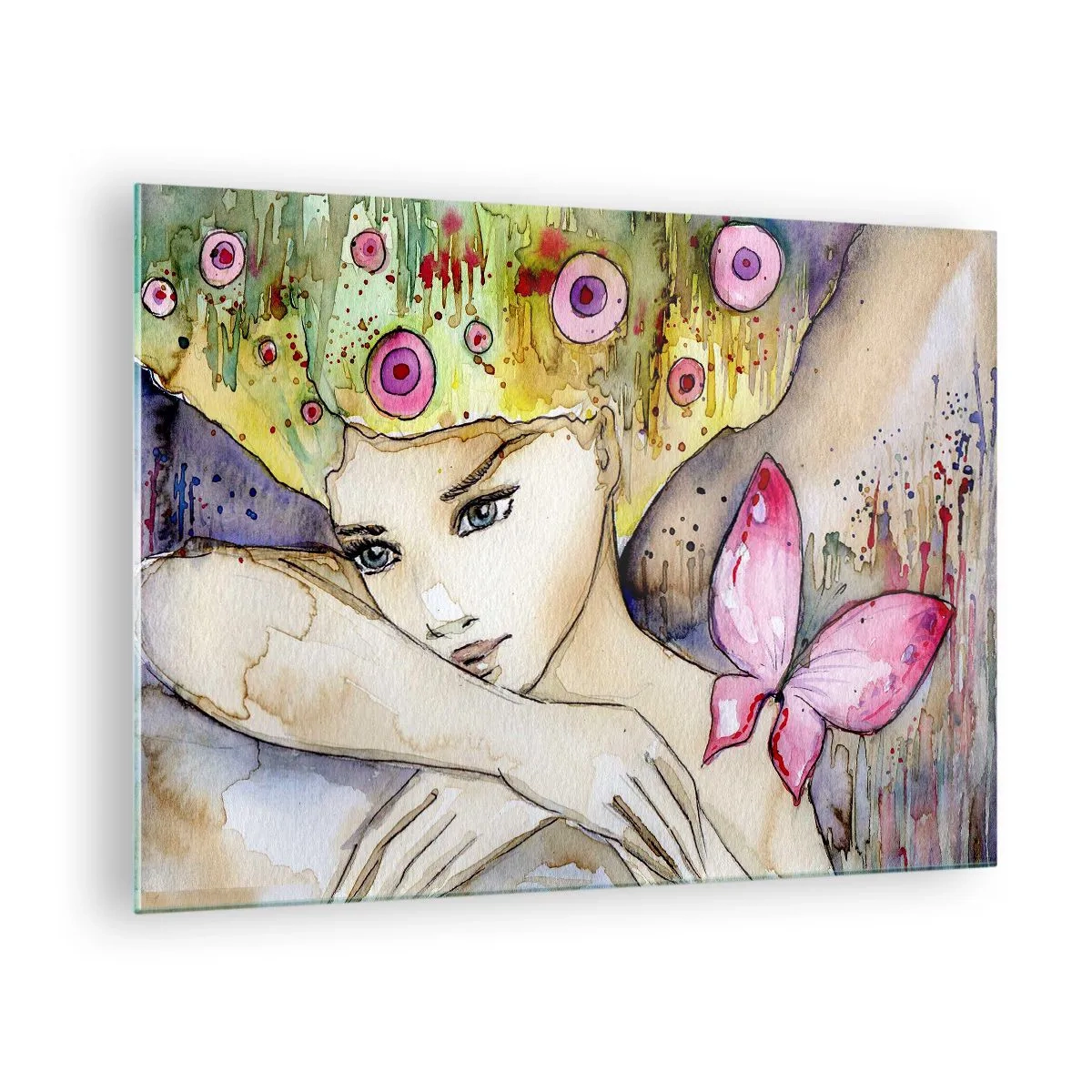 Obraz na skle - Portrét ženy s barevným účesem a motýlem v akvarelu - 70x50cm - Motýlí princezna - Moderní nástěnná dekorace do obývacího pokoje a ložnice ARTTOR